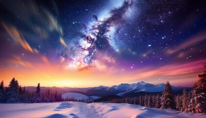 Fototapeta premium stunning milky way galaxy over snowy landscape at sunrise