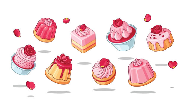 A delightful assortment of pink and red confectionery showcasing decorated cakes, cupcakes, and jellies with rose petals, floating elegantly on a