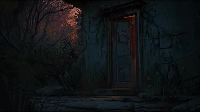 Mysterious Door in a Dark Forest Path