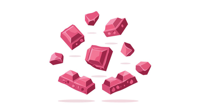 Dynamic arrangement of confectionery fragments featuring vibrant ruby cocoa pieces and delicate pink chocolate bar segments creatively floating