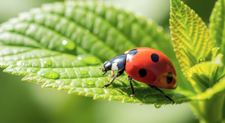 Obraz premium Red ladybug on a green leaf with water drops. Macro photography of a small insect with dew on a plant, suitable for nature and garden themes.