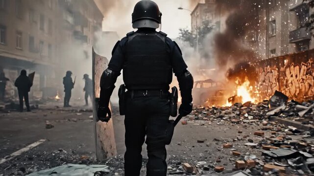 Rear view of a law enforcement officer in full protective equipment walking through a street strewn with debris, smoke, and fires after a violent urban protest. The scene conveys tension, chaos, and