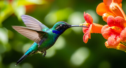 Fototapeta premium Hummingbird feeding on a vibrant orange flower. Colorful bird collecting nectar for ecosystem and nature concept.