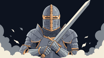 Naklejka premium Medieval knight in armor holding sword amidst smoky background