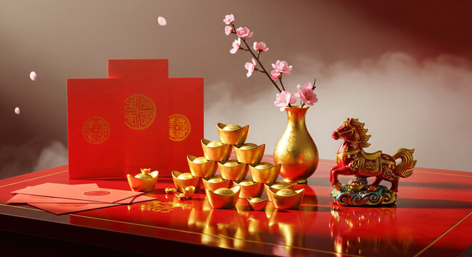 Chinese New Year Prosperity Objects Gold Ingots Red Packets and Horse Figurine Chinese new year luna