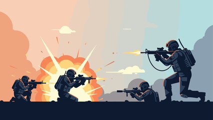 Naklejka premium Epic battle scene with soldiers in combat gear amidst explosive action