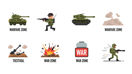 Naklejka premium Military combat elements with tanks, soldiers, and explosions in flat design