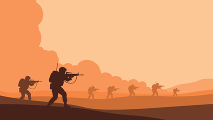 Naklejka premium Silhouette of soldiers in desert landscape with smoky sky