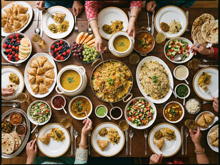 Traditional Ramadan Iftar Feast Overhead View Multiple Middle Eastern Dishes Dates Food