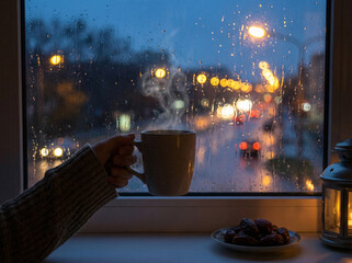 Ramadan Night Iftar Scene Coffee Prayer Beads Dates Moon Through Window City Lights