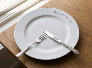 Empty White Plate with Fork and Knife Waiting for Ramadan Iftar Breaking Fast Meal