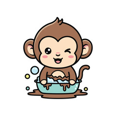 Cute cartoon monkey eating banana in blue bowl with happy expression isolated illustration