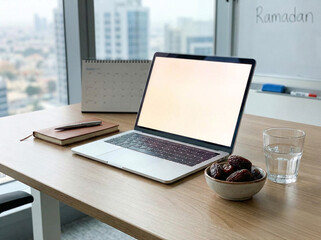 Muslim Professional Working on Laptop with Prayer Beads and Water During Ramadan Fast
