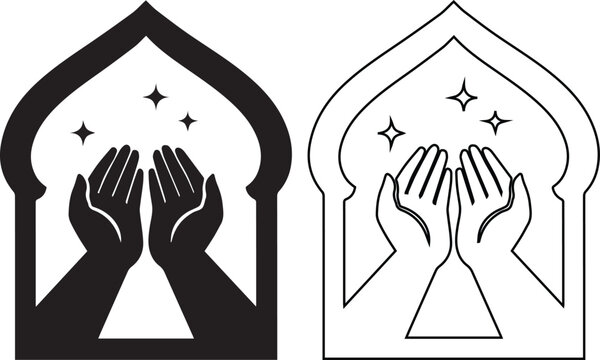 Black and white vector illustration of praying hands inside a mosque arch, minimalist silhouette and outline icon representing Islamic prayer, faith, spirituality, Ramadan worship, and religious devot