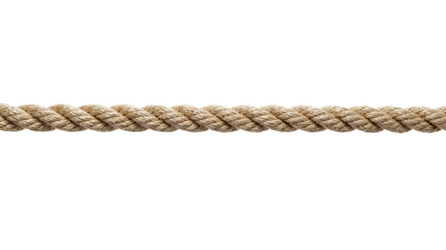 Close-up of a sturdy, twisted brown rope isolated on a clean white background, showcasing its texture and strength