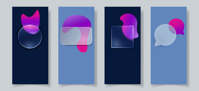 Verticale Glassmorphism style mobile story templates with text space, translucent frosted UI shapes, vibrant gradient blobs. Minimal Modern BG for social media stories, apps, web design, branding