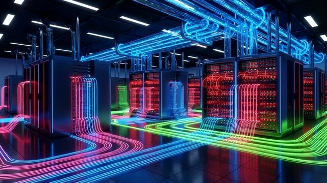 Vibrant Data Center with Colorful Cables and Servers