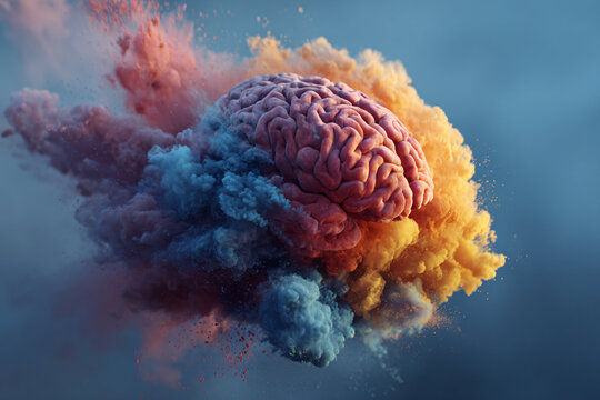 A vibrant, colorful depiction of a brain surrounded by clouds of smoke in shades of pink and blue.