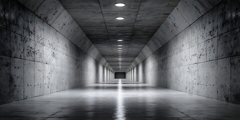 Fototapeta premium Empty concrete underground tunnel showing a symmetrical perspective with a row of ceiling lights leading to infinity in brutalist style art.