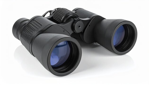 Close-up of black binoculars with blue lenses on a white background.