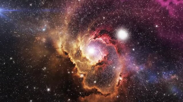 Vibrant nebula with swirling clouds of gas and dust in shades of orange, purple, and pink, set against a starry night sky.