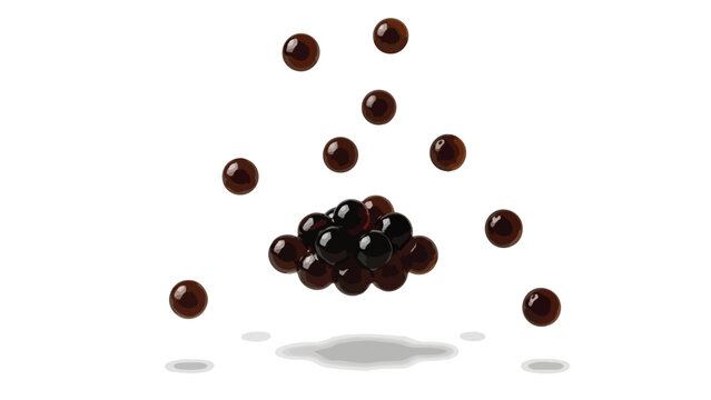 Glossy dark spheres dynamically arranged against a stark white backdrop, capturing fluid motion and visual contrast