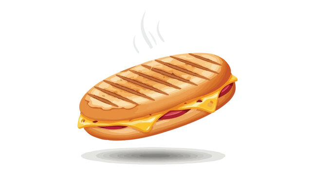 A hot panini sandwich freshly pressed with appetizing grill marks golden toasted bread filled with melted cheese and flavorful meats emitting steam