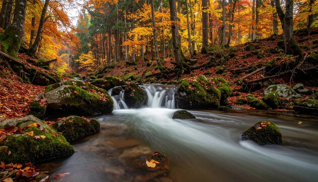 A serene autumnal forest scene with a gentle stream and small waterfall surrounded by vibrant foliage and moss-covered rocks
