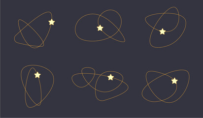 Vector Set Yellow gold star orbit curved lines on dark blue background minimal abstract design illustration poster © Marharyta Boudache