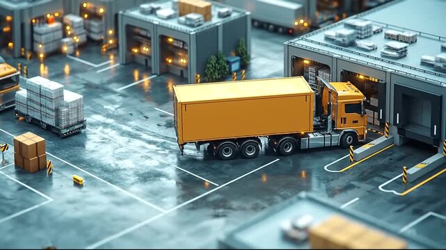 Trucks loading cargo in busy warehouse setting