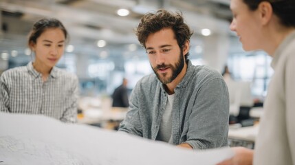 Obraz premium Three people in an office setting. the person in the center is a young man with curly hair and a beard, wearing a gray sweater.