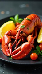 Steamed lobster, colorful vegetables, lemon slices, dark slate plate , luxury, deliciousfood, summerfood