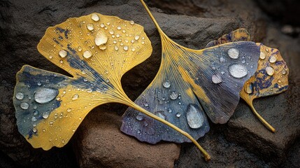 Water droplets hung on the ginkgo leaves