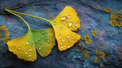 Water droplets hung on the ginkgo leaves