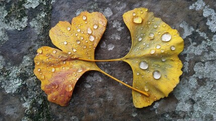 Water droplets hung on the ginkgo leaves