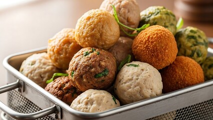 Fried food balls in metal tray.
