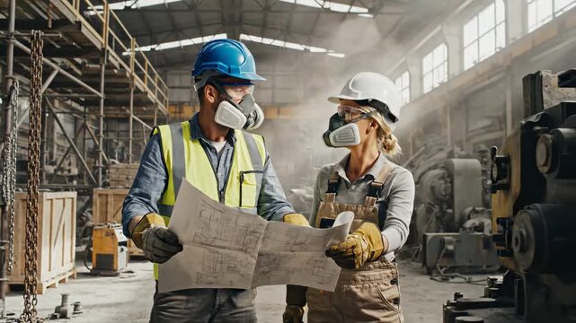 Two engineers wearing respirators and helmets are closely examining blueprints in a dusty industrial factory, ensuring workplace safety protocols and efficient project inspection.
