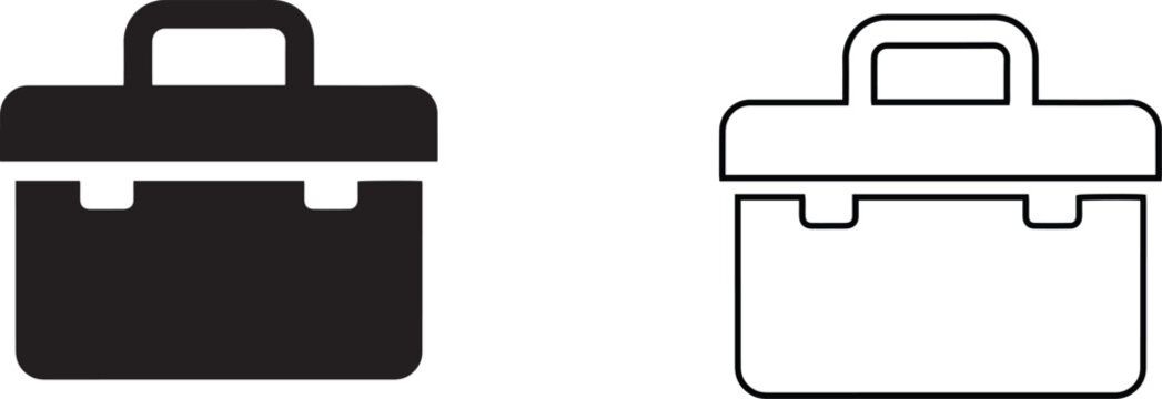 Toolbox vector icon set featuring black silhouette and outline styles. Mechanic tool case illustration suitable for construction, repair, maintenance and industrial equipment symbols.