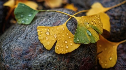 Water droplets hung on the ginkgo leaves