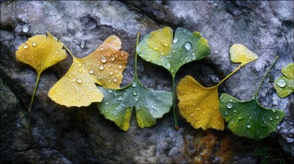 Water droplets hung on the ginkgo leaves