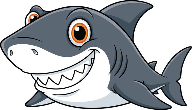 Cute cartoon shark mascot character with a big friendly smile and sharp teeth for children sea wildlife and aquarium branding