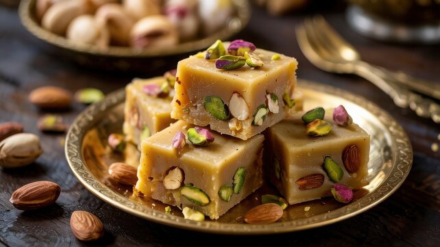 Traditional Sweets with Pistachios and Almonds on Golden Plate