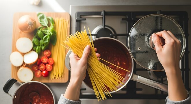 Person adding spaghetti to pot on stove with ingredients on cutting board cooking in kitchen