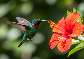 Fototapeta premium Iridescent Hummingbird Hovering Near Vibrant Red Hibiscus Flower in Garden