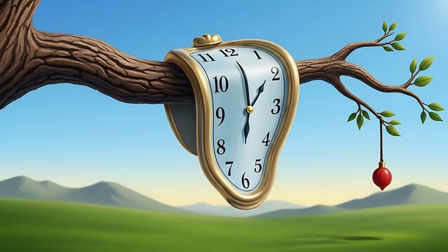 Melting Clock on Tree Branch in Nature Landscape
