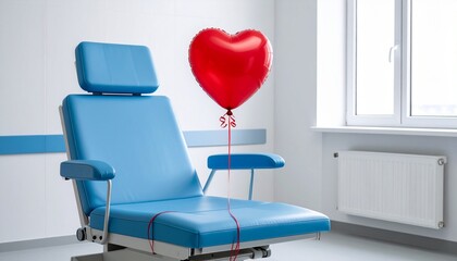 Donation chair with heart balloon in hospital room.