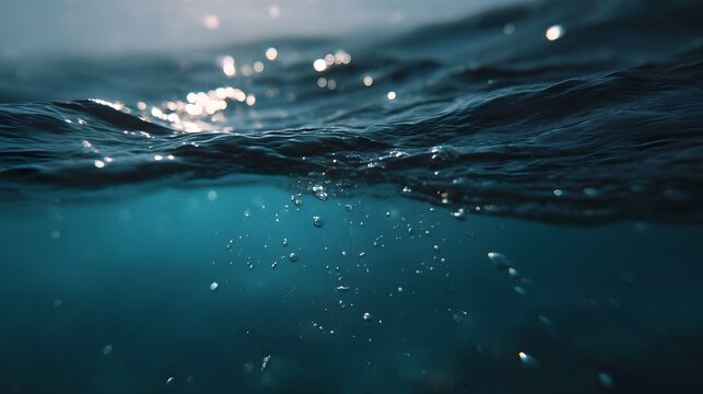 Bubbles ascend towards a sunlit shimmering surface in clear blue ocean depths