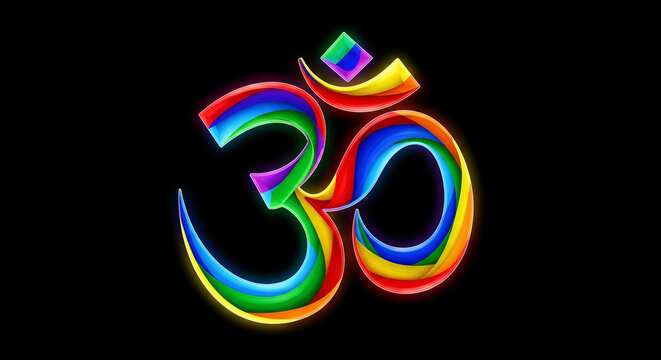 Image features a vibrant and colorful representation of the 'Om' symbol, a sacred sound and spiritual icon in Indian religions. The symbol is designed with a ribbon-like texture, incorporating a spect