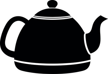 Obraz premium Black silhouette of a vintage teapot with white stripes on a white background.