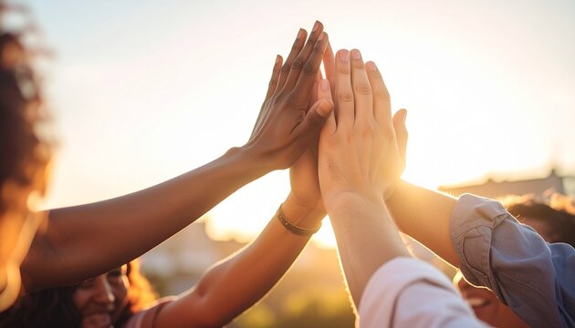 Diverse group celebrating success with a high five at sunset.